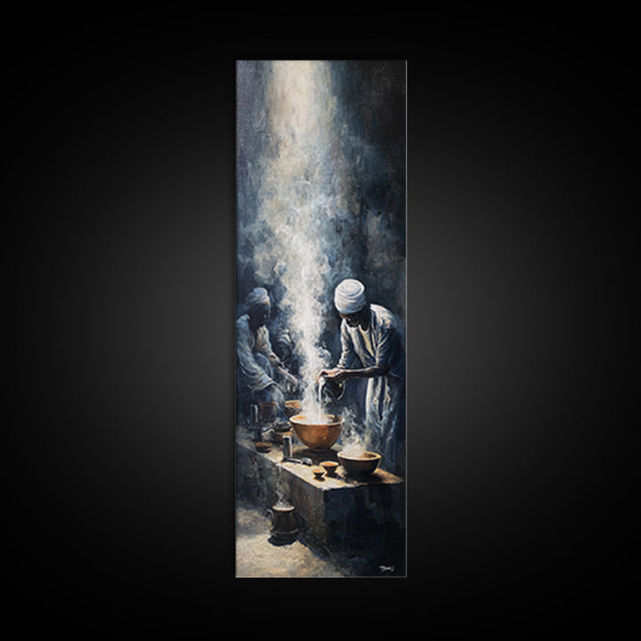 African Steam Ritual Wall Art, Dark Ceremonial Canvas, Men In White Headwraps, Afrocentric Tribal Decor, Spiritual Print
