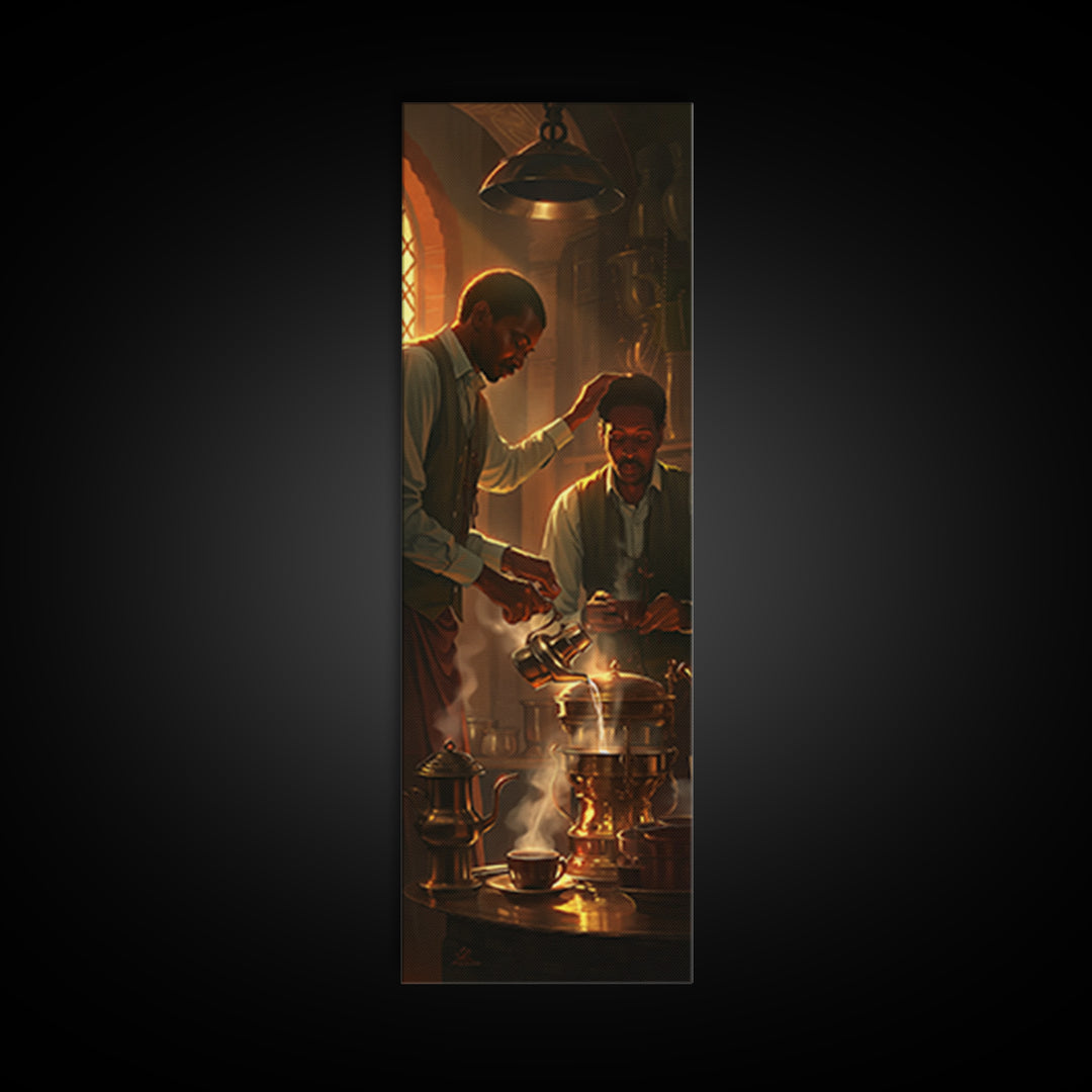 African Men Brewing Tea Canvas Print, Warm Golden Kitchen Light, Black Culture Art, Afrocentric Home Decor For Living Room