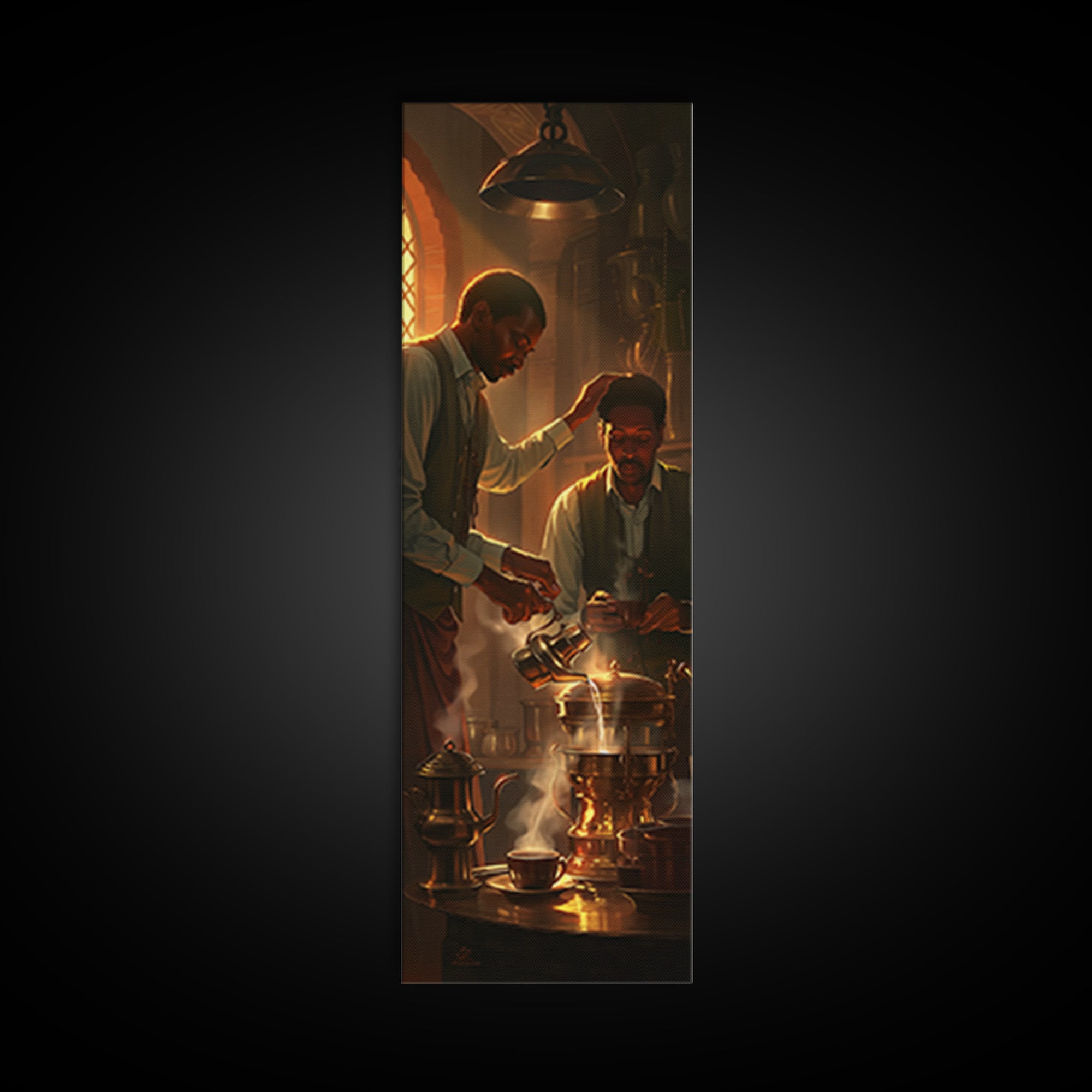 African Men Brewing Tea Canvas Print, Warm Golden Kitchen Light, Black Culture Art, Afrocentric Home Decor For Living Room