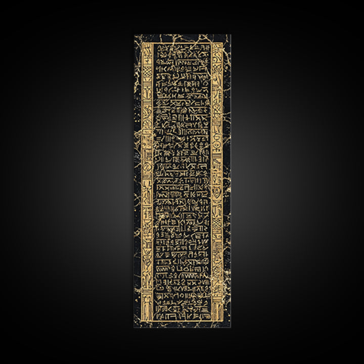 Black And Gold Ancient Glyph Tablet Framed Canvas Print, African Inspired Wall Decor, Tribal Pattern, Cultural Home Decor
