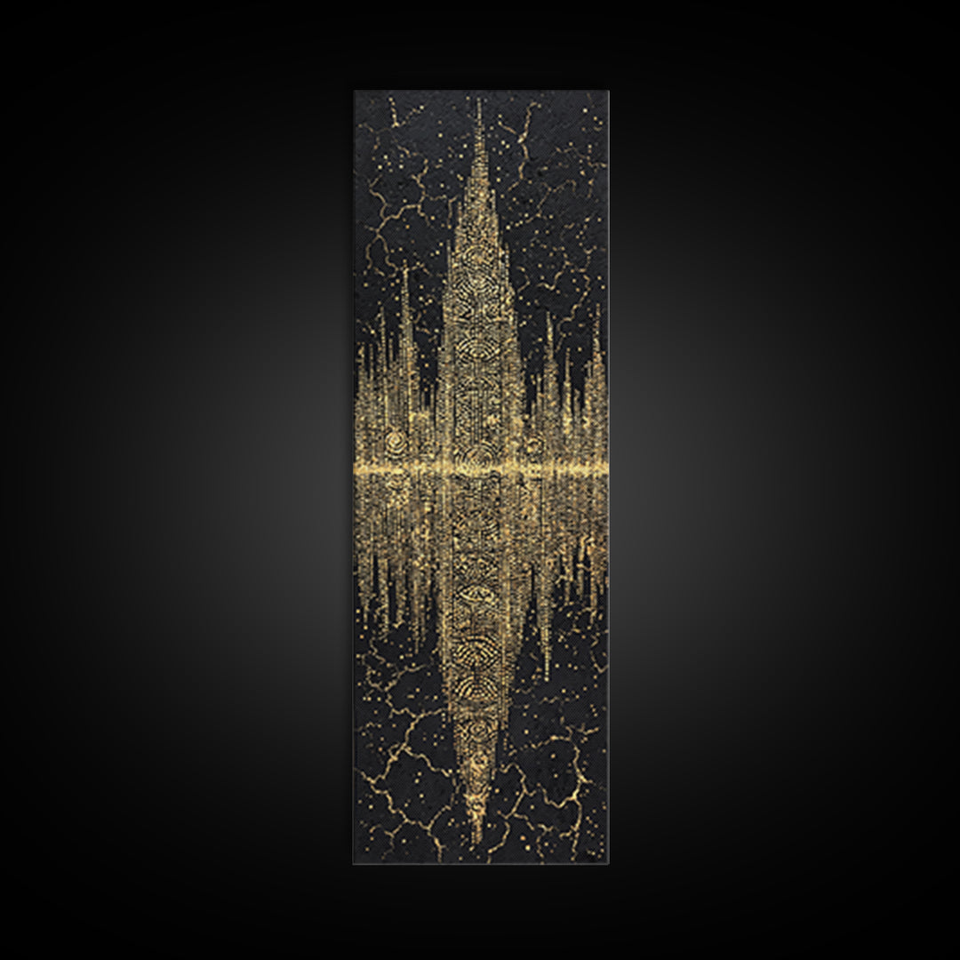 Golden Futuristic Totem Skyline Wall Art, African Abstract Black Gold Decor, Modern Canvas Art, Statement Living Room Print