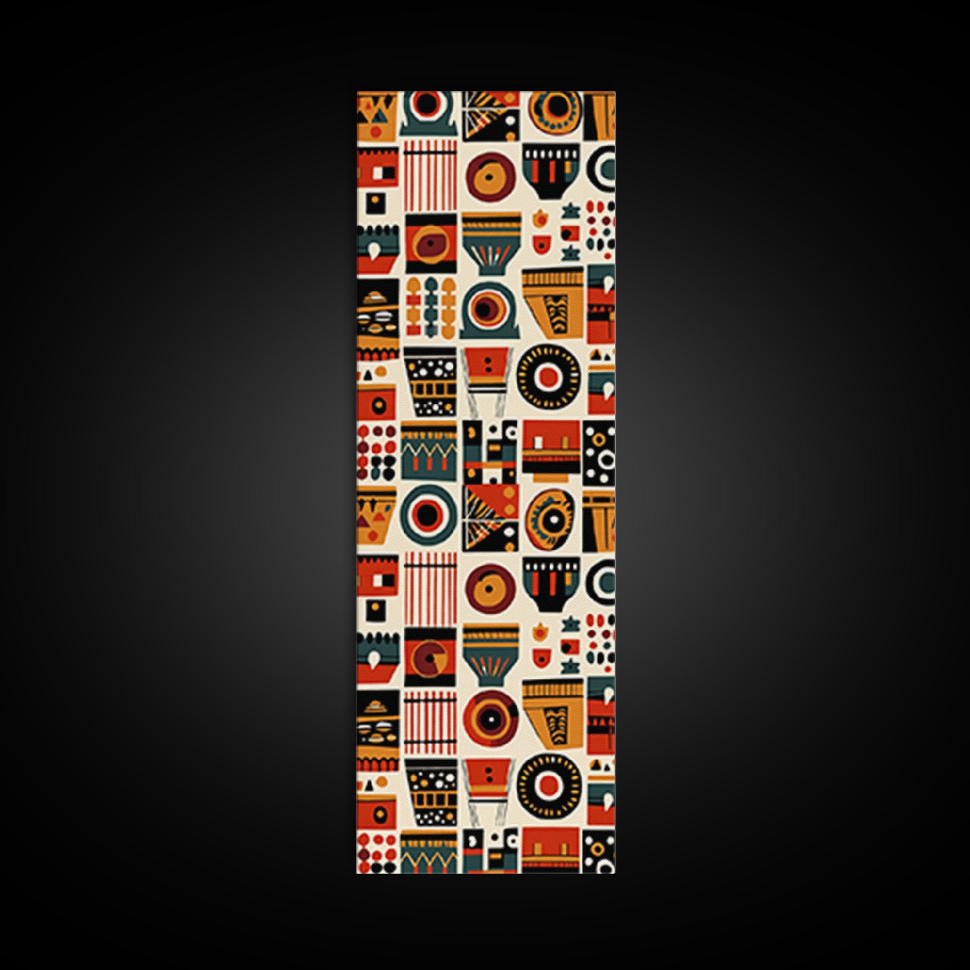 Orange Black African Symbols Wall Art, Tribal Mask Inspired Geometric Pattern, Afrocentric Canvas Print, Bold Home Decor