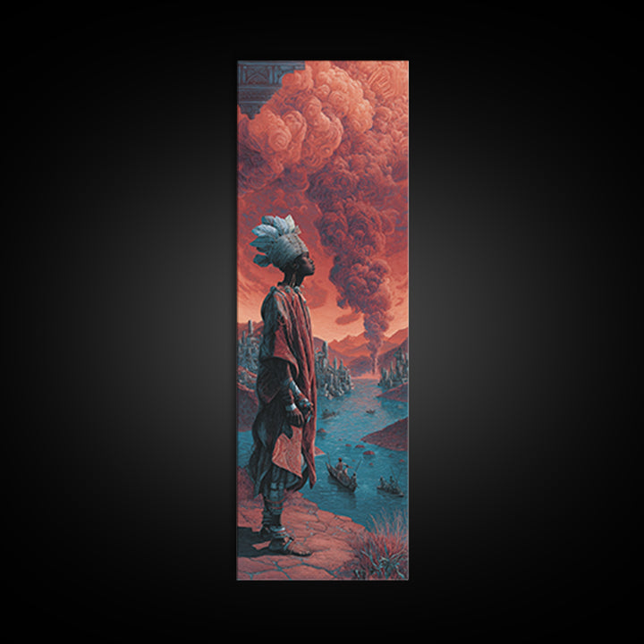 African Warrior Watching Crimson Smoke Canvas Print, Fantasy City Wall Art, Afrocentric Landscape, Red Tribal Decor Gift
