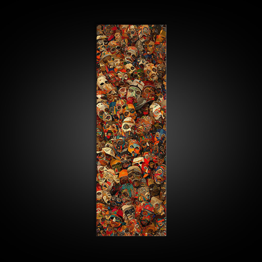 Dense Collage Of African Masks Wall Art, Tribal Faces Canvas, Afrocentric Culture Decor, Maximalist Black Artwork Print For Home