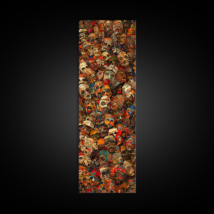 Dense Collage Of African Masks Wall Art, Tribal Faces Canvas, Afrocentric Culture Decor, Maximalist Black Artwork Print For Home