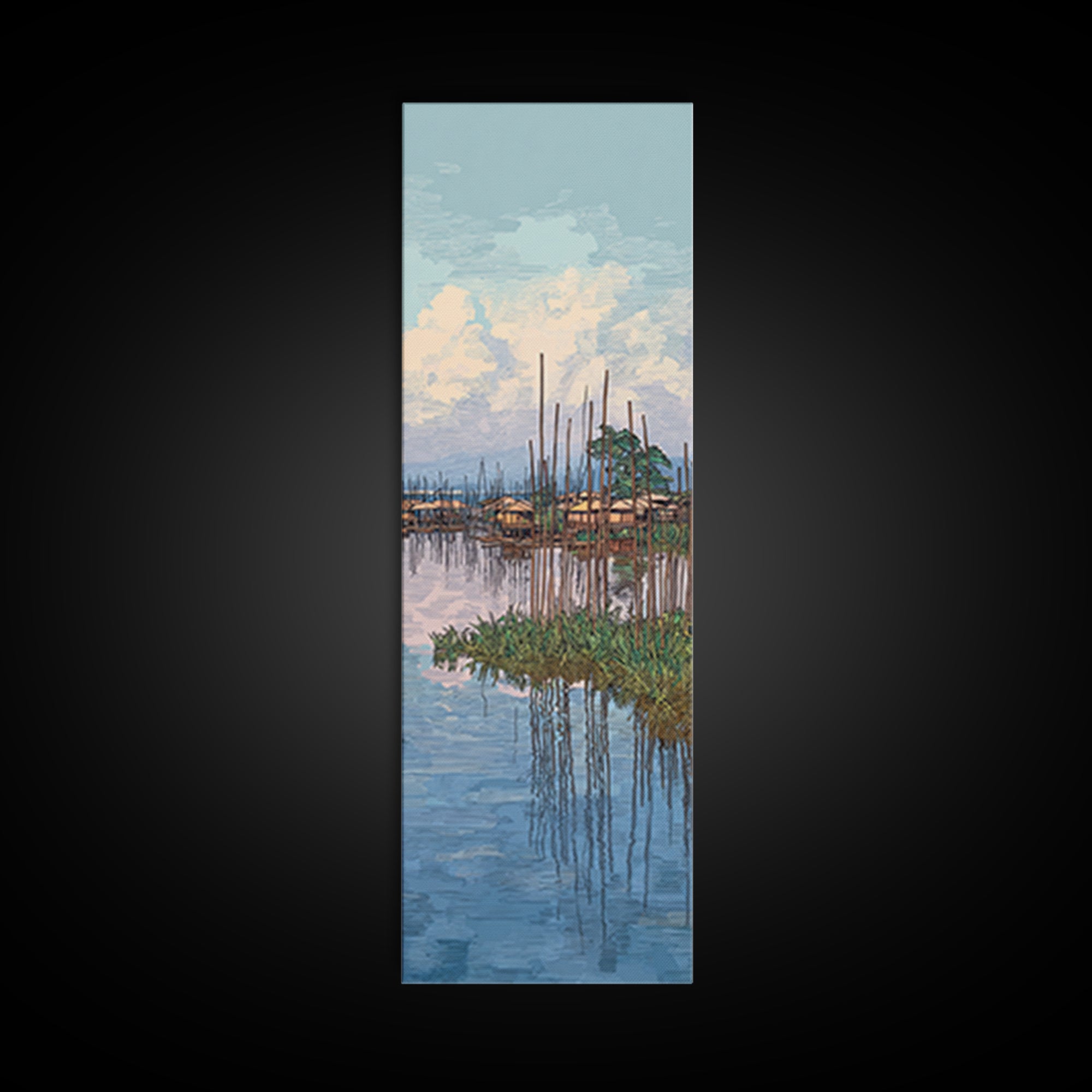 Peaceful African Lake Village Wall Art, Blue Water Landscape Canvas Print, Coastal Home Decor, Serene Travel Art Gift For Living Room