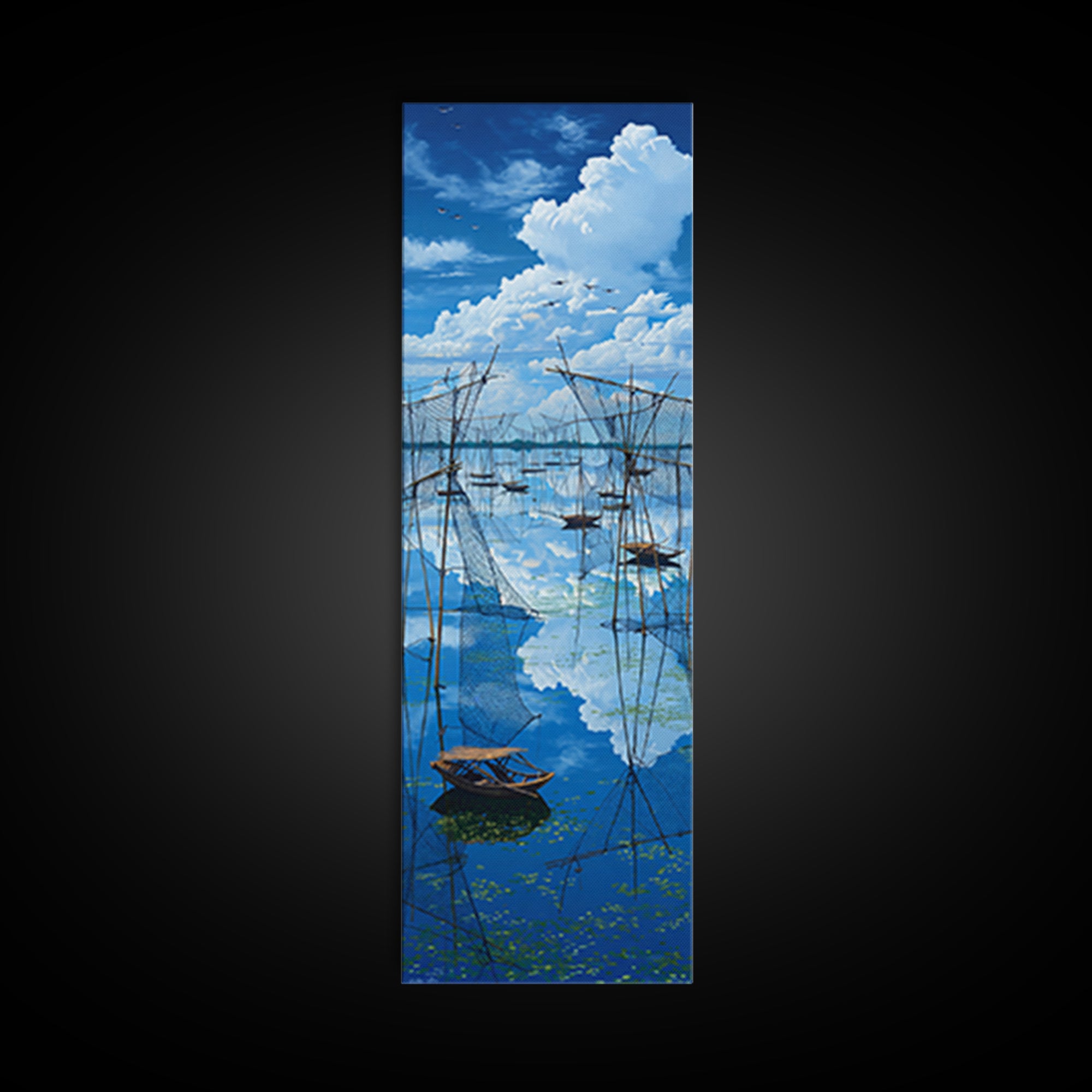 Dramatic Blue Fishing Nets Wall Art, African Lake Canvas Print, Coastal Landscape Decor, Serene Safari Art Gift For Home