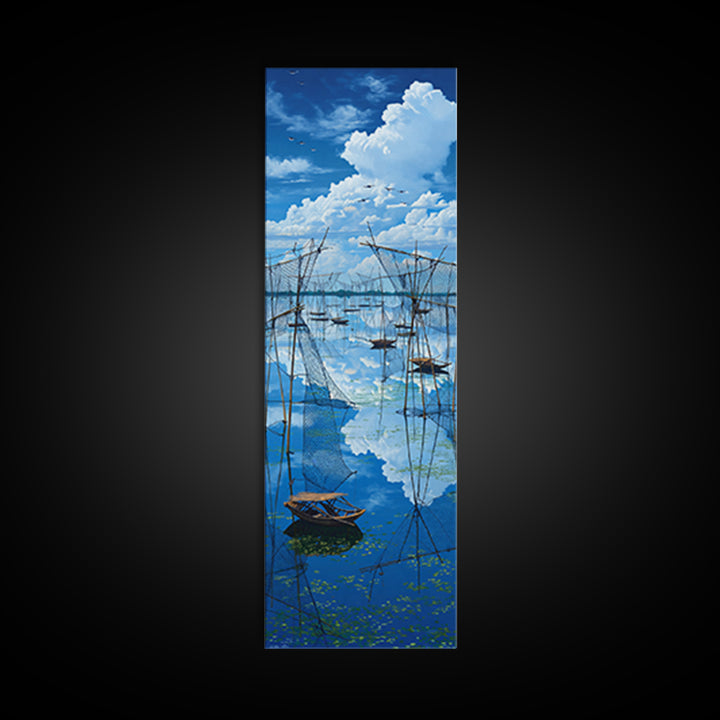 Dramatic Blue Fishing Nets Wall Art, African Lake Canvas Print, Coastal Landscape Decor, Serene Safari Art Gift For Home