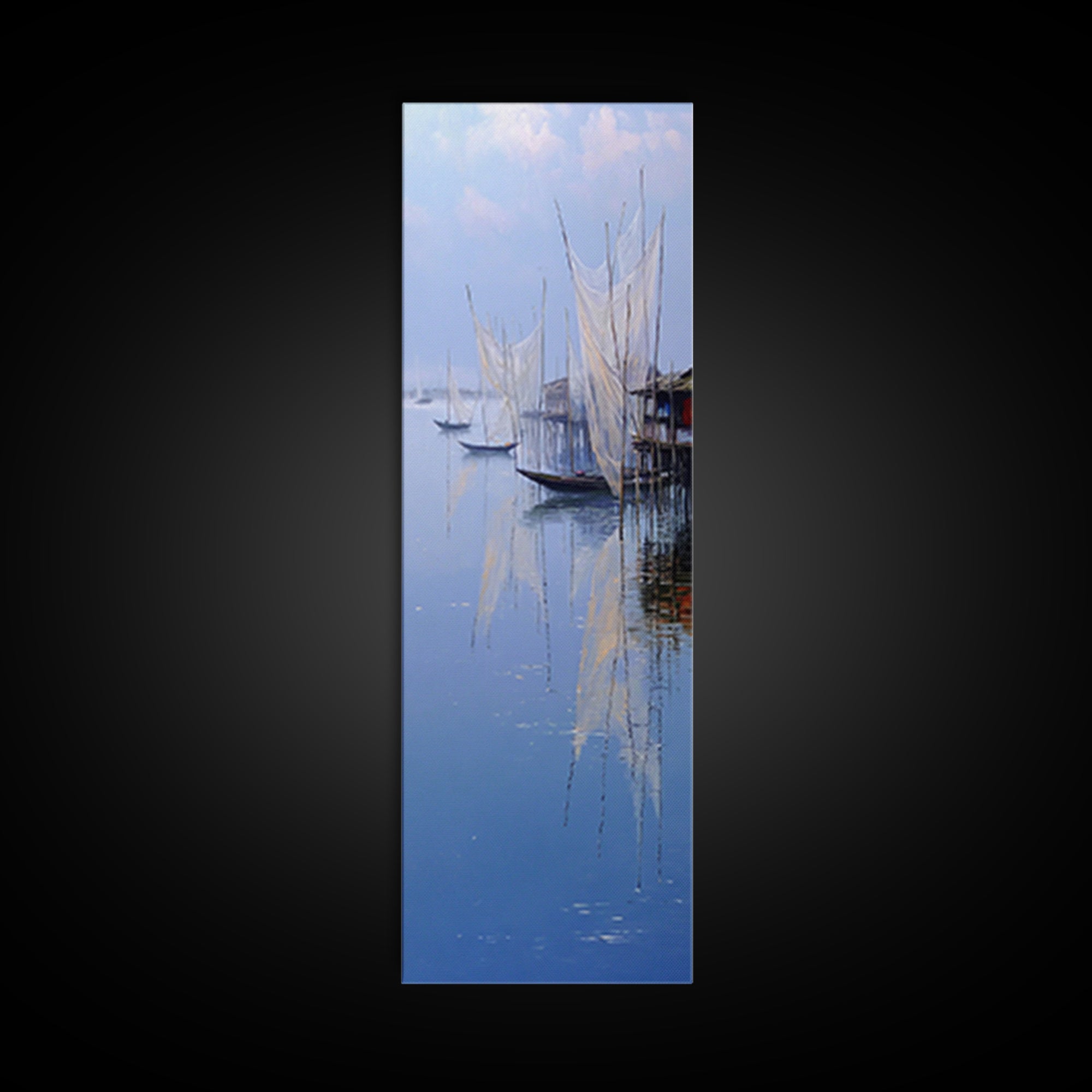 Misty African Fishing Boats Wall Art, Blue Lake Canvas Print, Minimalist Coastal Decor, Serene Water Landscape Gift For Her