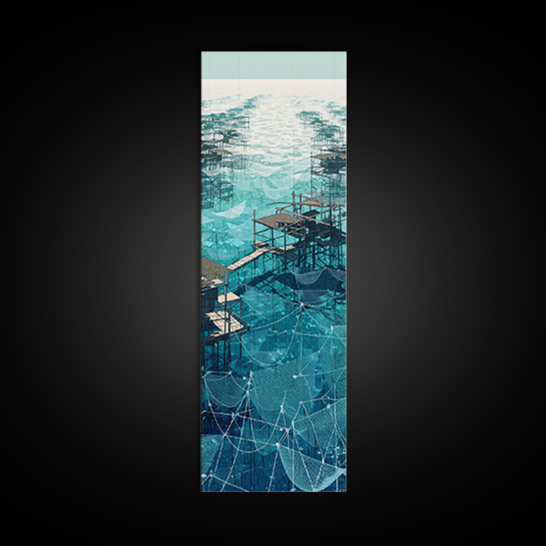 Turquoise African Stilt Village Wall Art, Aerial Lake Canvas Print, Modern Coastal Decor, Fishing Net Landscape Art Gift
