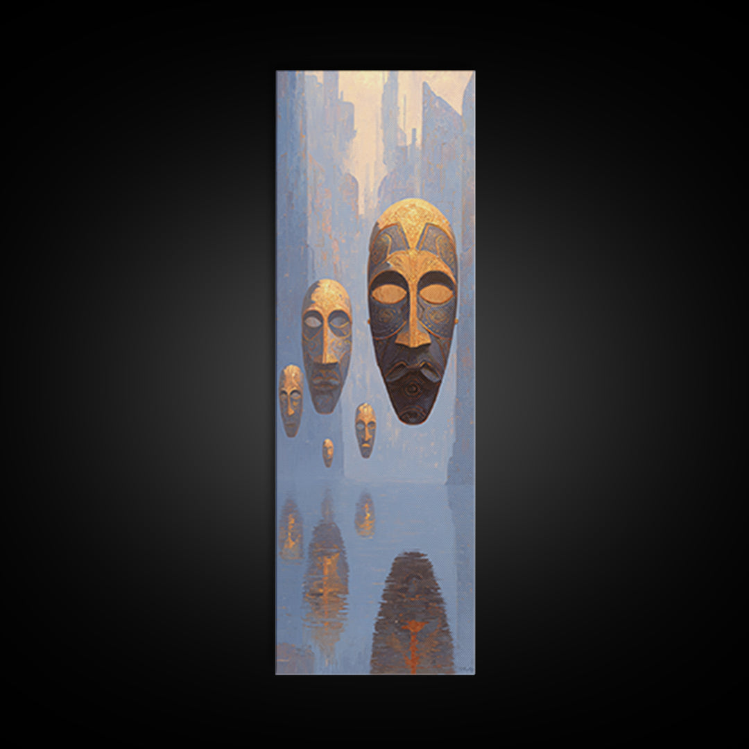 Floating African Mask Spirits Wall Art, Surreal Blue Gold Canvas Print, Afrocentric Tribal Decor, Mystical Culture Art Gift