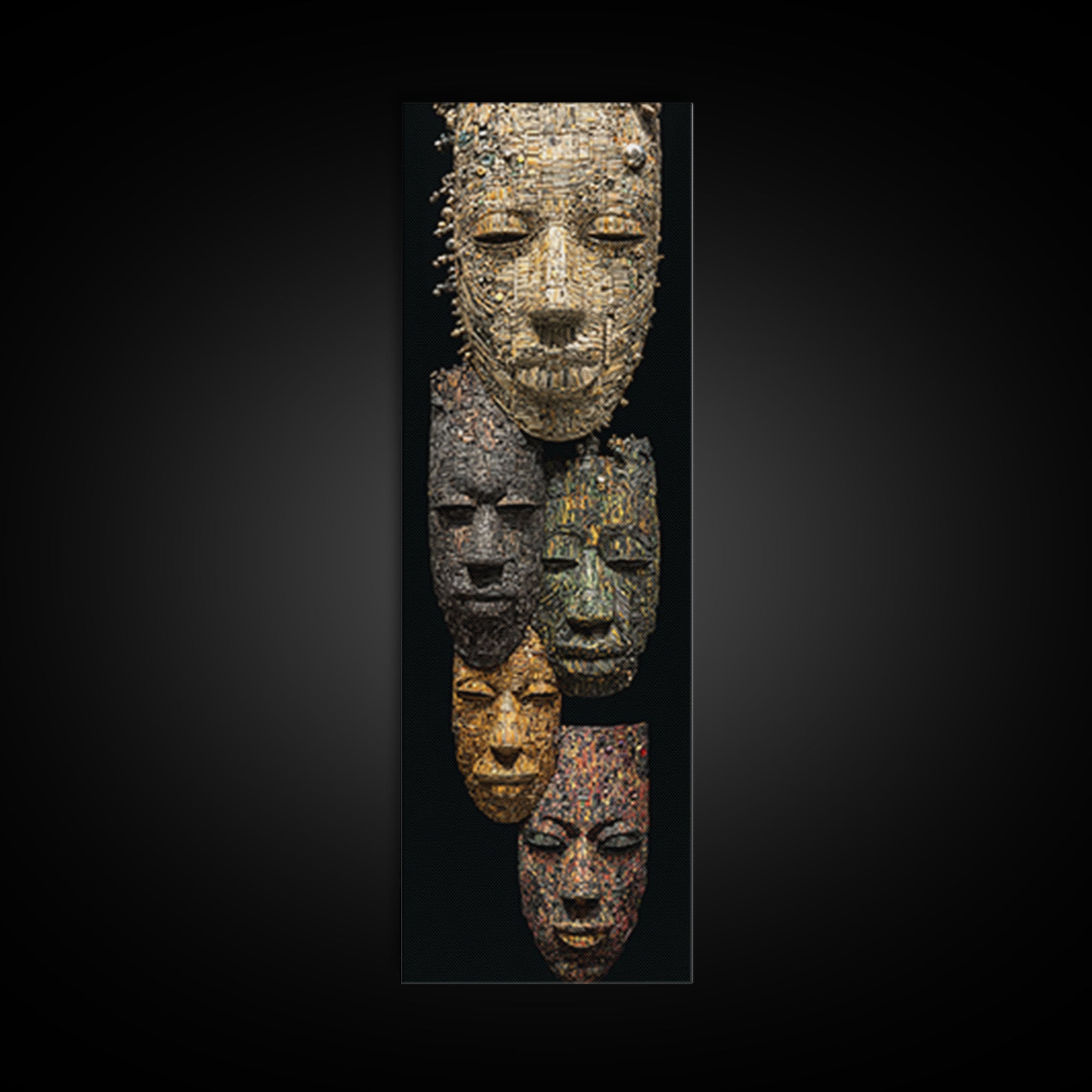 Textured African Mask Portrait Wall Art, Tribal Sculpture Canvas Print, Black Gold Afrocentric Decor, Cultural Artwork Gift