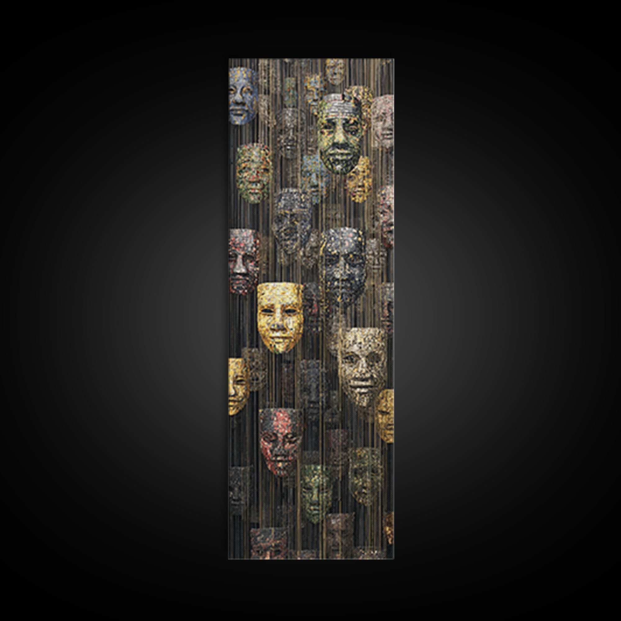 Hanging African Mask Gallery Wall Art, Black Gold Tribal Canvas Print, Afrocentric Culture Decor, Statement Artwork Gift