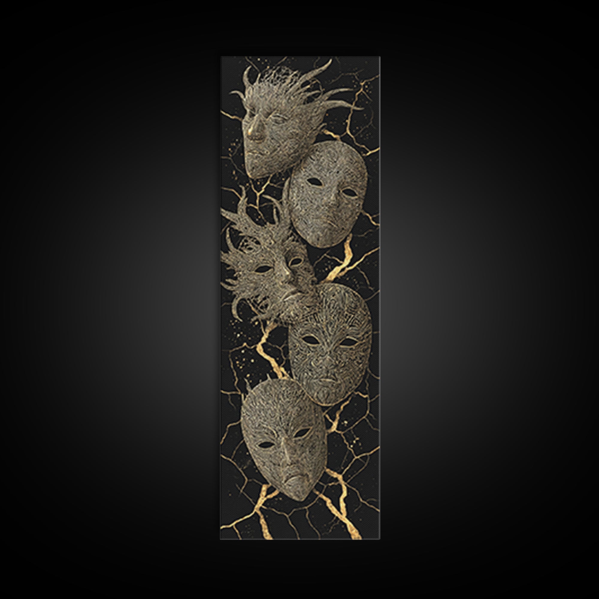 Gold Tribal Masks On Black Kintsugi Wall Art, African Mask Art, African Tribal Decor, Afrocentric Wall Decor, Luxury Canvas Print