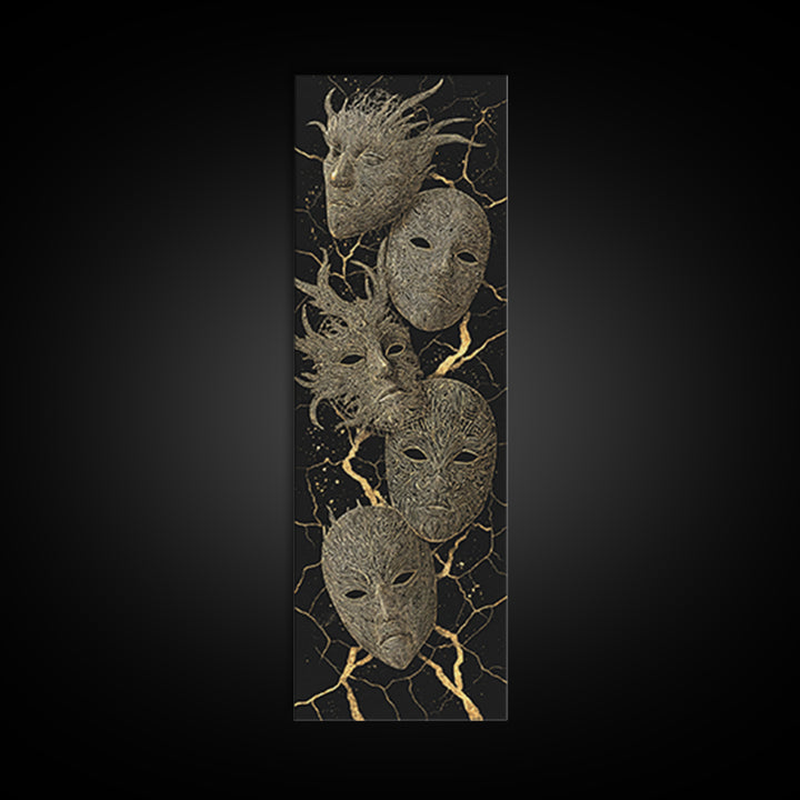 Gold Tribal Masks On Black Kintsugi Wall Art, African Mask Art, African Tribal Decor, Afrocentric Wall Decor, Luxury Canvas Print