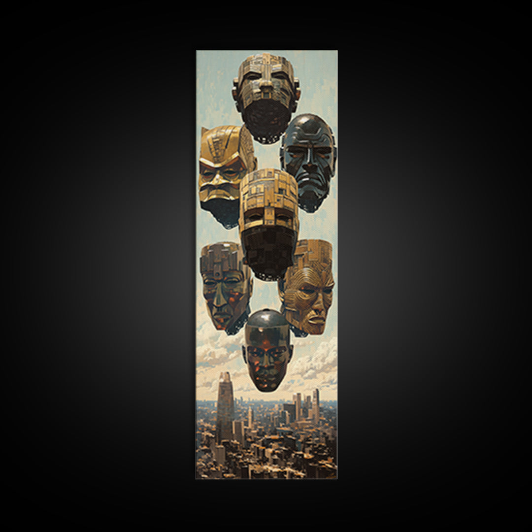 Futuristic Gold And Black Masks Wall Art, Afrofuturism Decor, Modern African Art, Urban Wall Decor, Unique Canvas Print Gift