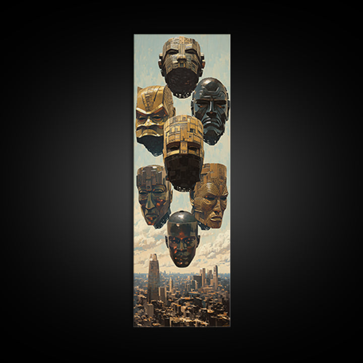 Futuristic Gold And Black Masks Wall Art, Afrofuturism Decor, Modern African Art, Urban Wall Decor, Unique Canvas Print Gift