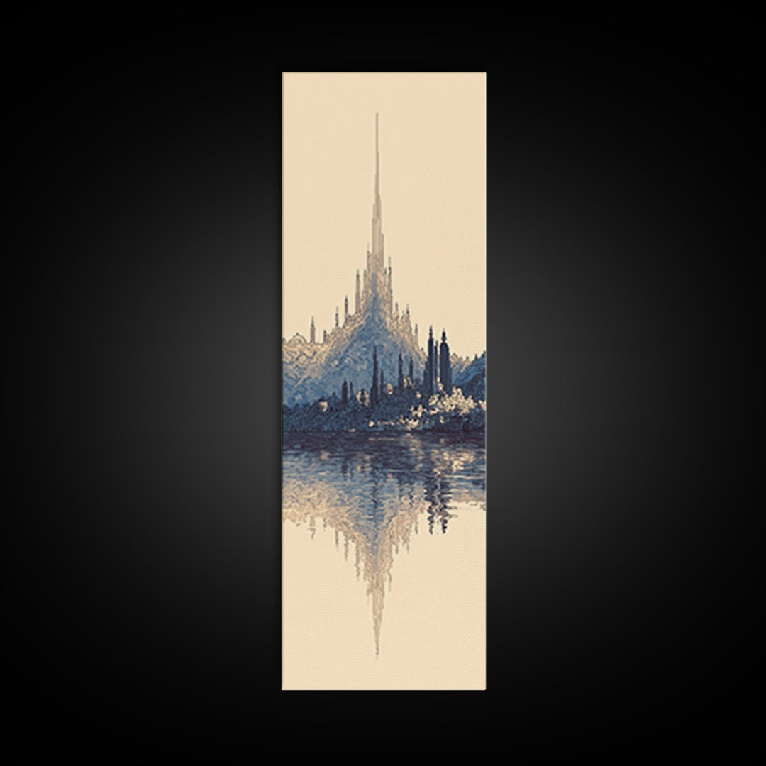 Blue Fantasy Spire City Framed Canvas Print, Dreamy Wall Art, Modern Canvas Art, Elegant Home Decor, Large Statement Wall Decor