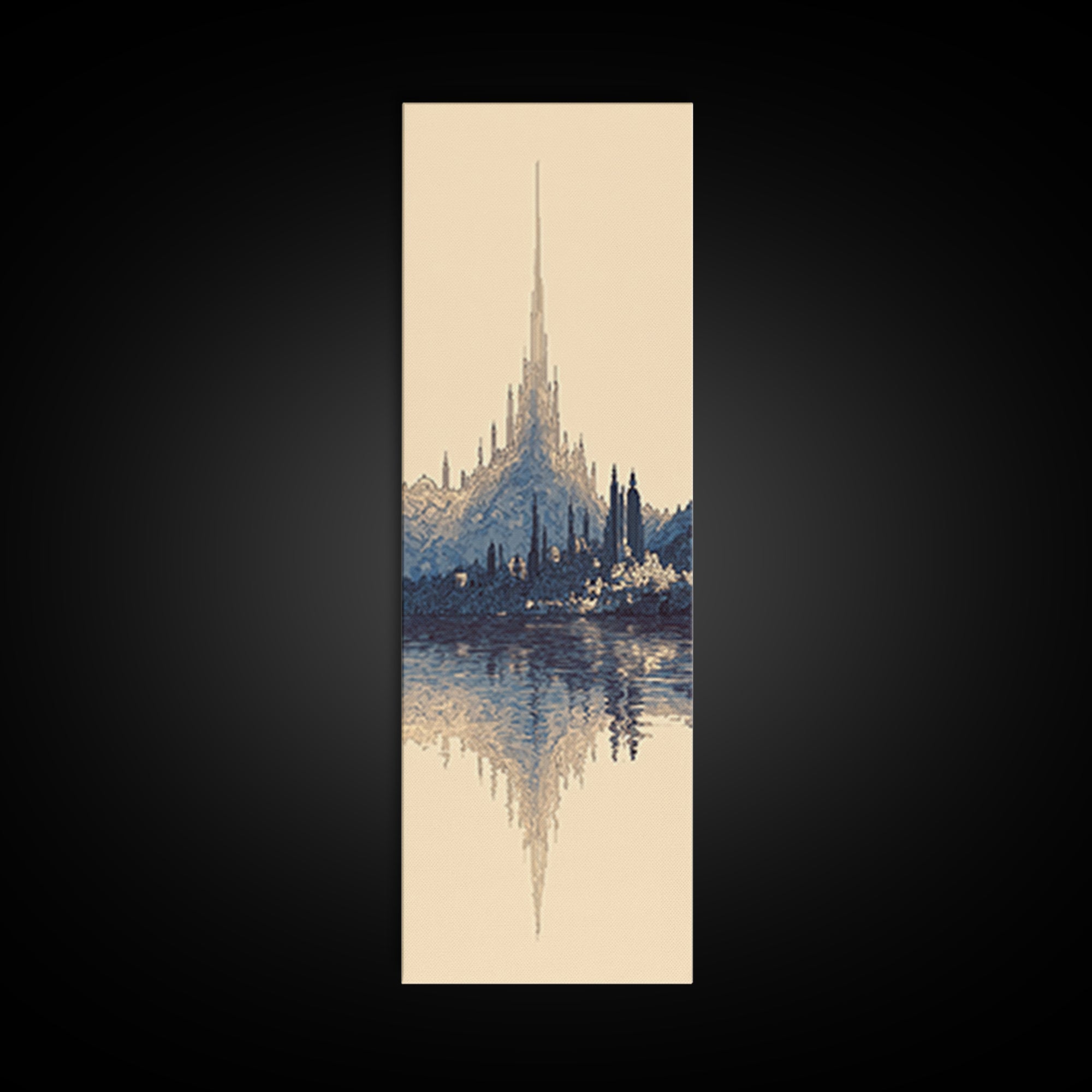 Blue Fantasy Spire City Framed Canvas Print, Dreamy Wall Art, Modern Canvas Art, Elegant Home Decor, Large Statement Wall Decor