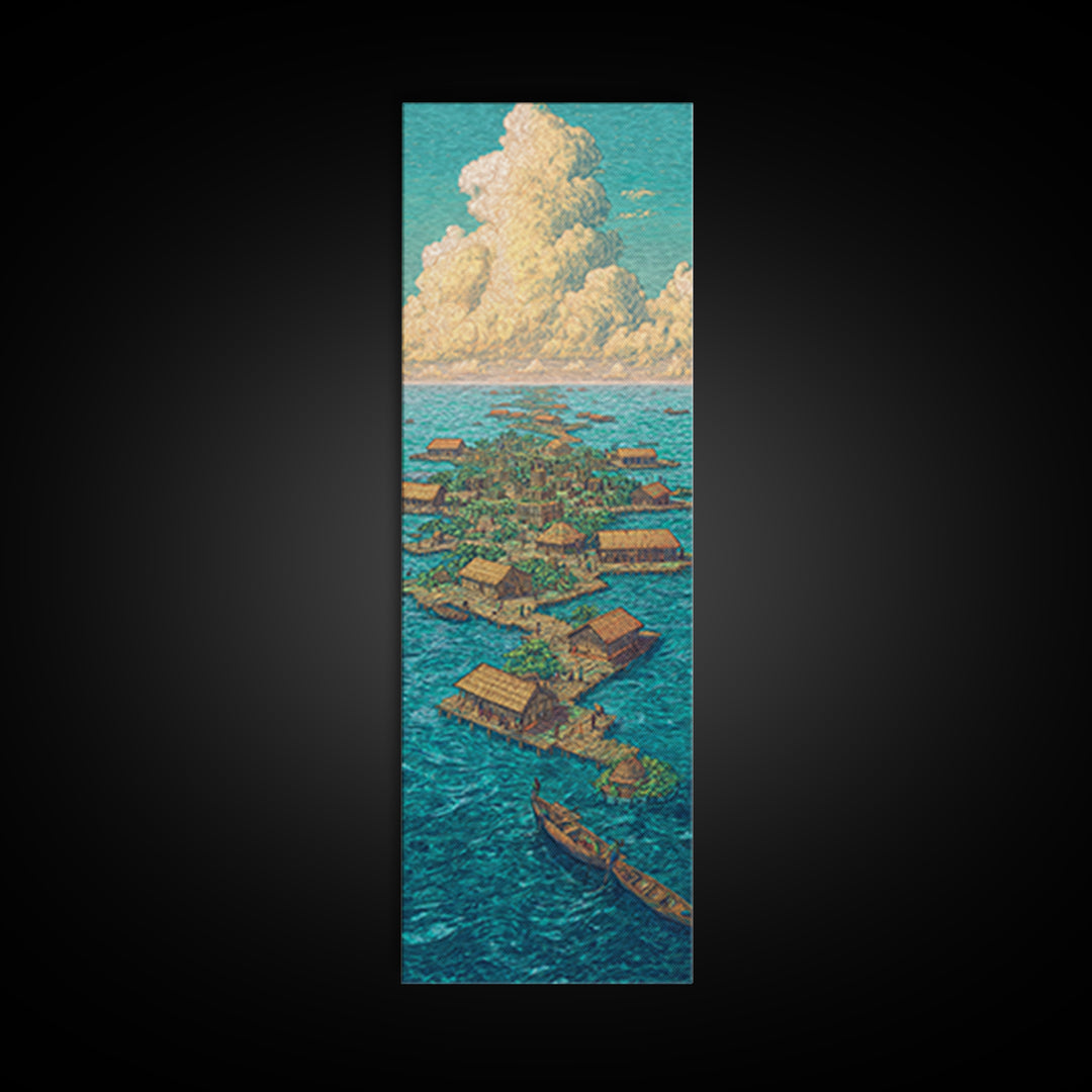 Floating African Water Village Wall Art, Turquoise Ocean Huts, Afrocentric Decor, African Landscape, Coastal Canvas Print