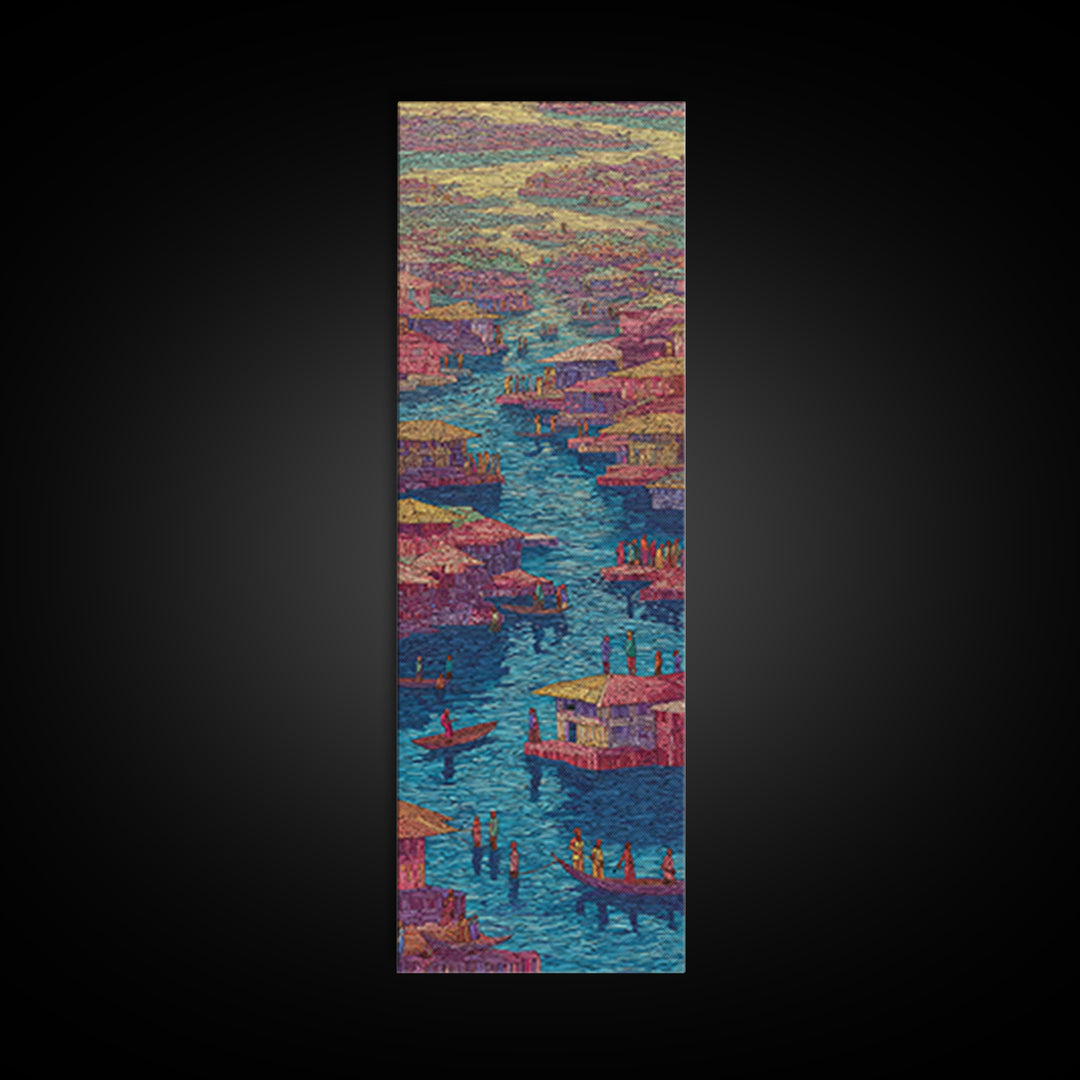 Colorful Pink African River Village Wall Art, Boats And Waterfront Homes, African Prints, Vibrant Cultural Canvas Print, Decor