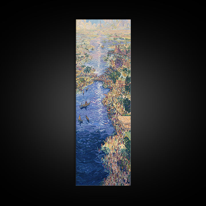 Sunlit African River Crowd Wall Art, Blue Water Boats, Cultural Cityscape, Afrocentric Decor, African Painting Canvas Print