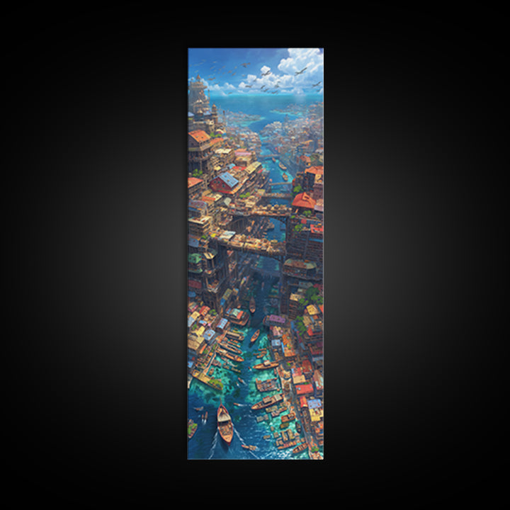 Fantastical African Canal City Wall Art, Boats Bridges And Coastal Skyline, Modern African Art, Statement Canvas Print, Decor