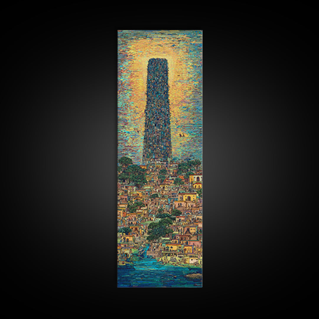 Monumental African Tower City Wall Art, Sunlit Waterfront Skyline, Modern African Art, Urban Statement Canvas Print, Decor