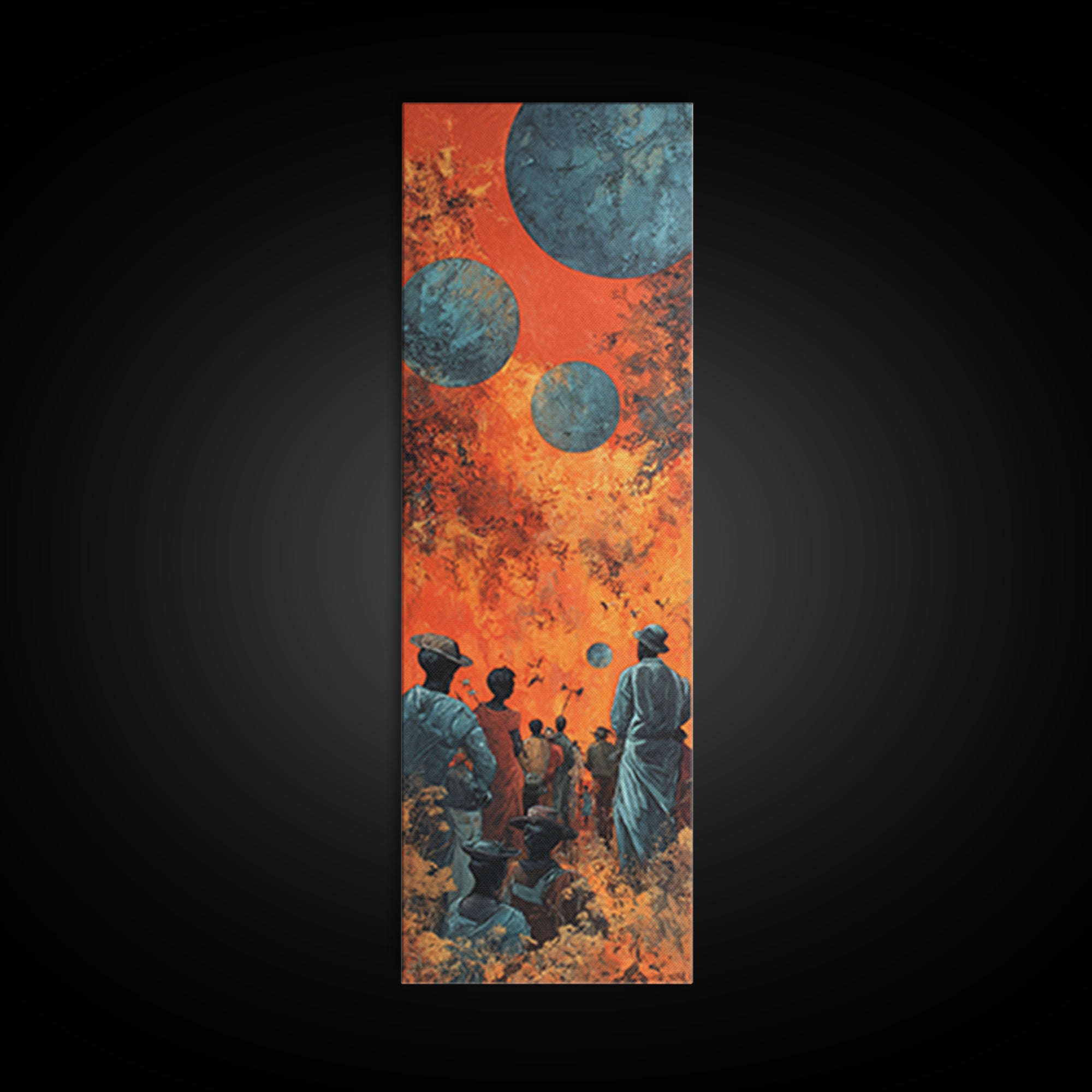 Surreal African Planet Gathering Wall Art, Orange Sky Blue Moons, Afrofuturism Decor, Spiritual Framed Canvas Print, Mystical Wall Decor