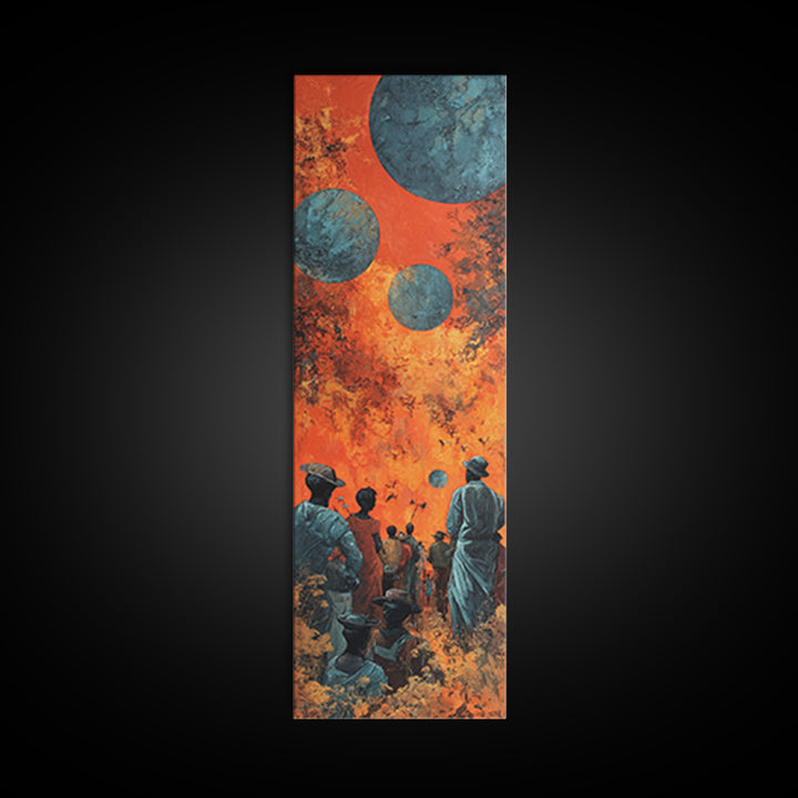 Surreal African Planet Gathering Wall Art, Orange Sky Blue Moons, Afrofuturism Decor, Spiritual Framed Canvas Print, Mystical Wall Decor