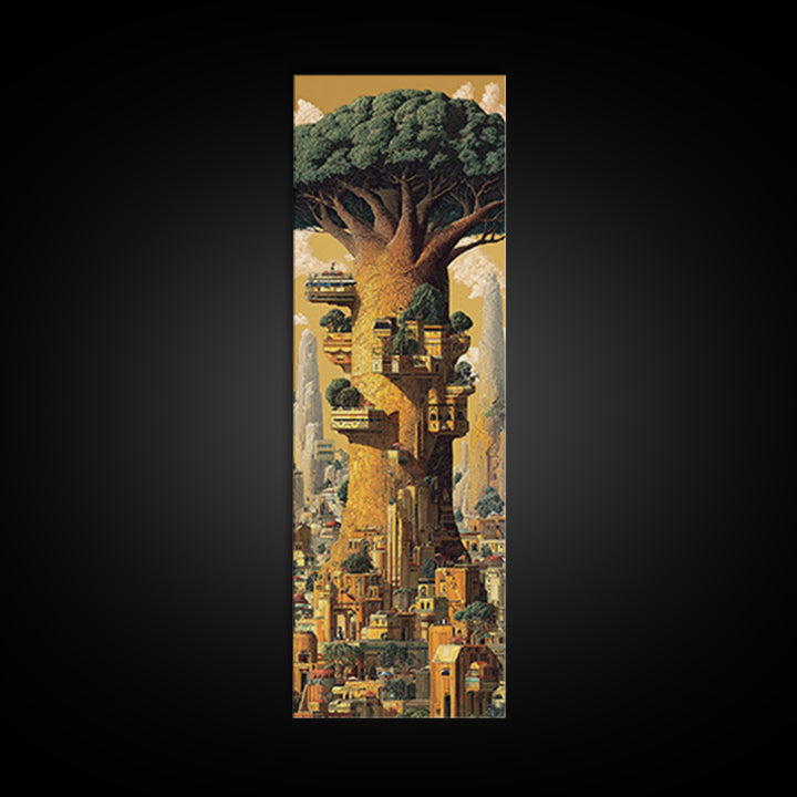 Giant African Tree City Wall Art, Afrofuturism Urban Landscape Canvas Print, Fantasy Architecture Decor, Nature Scene Gift