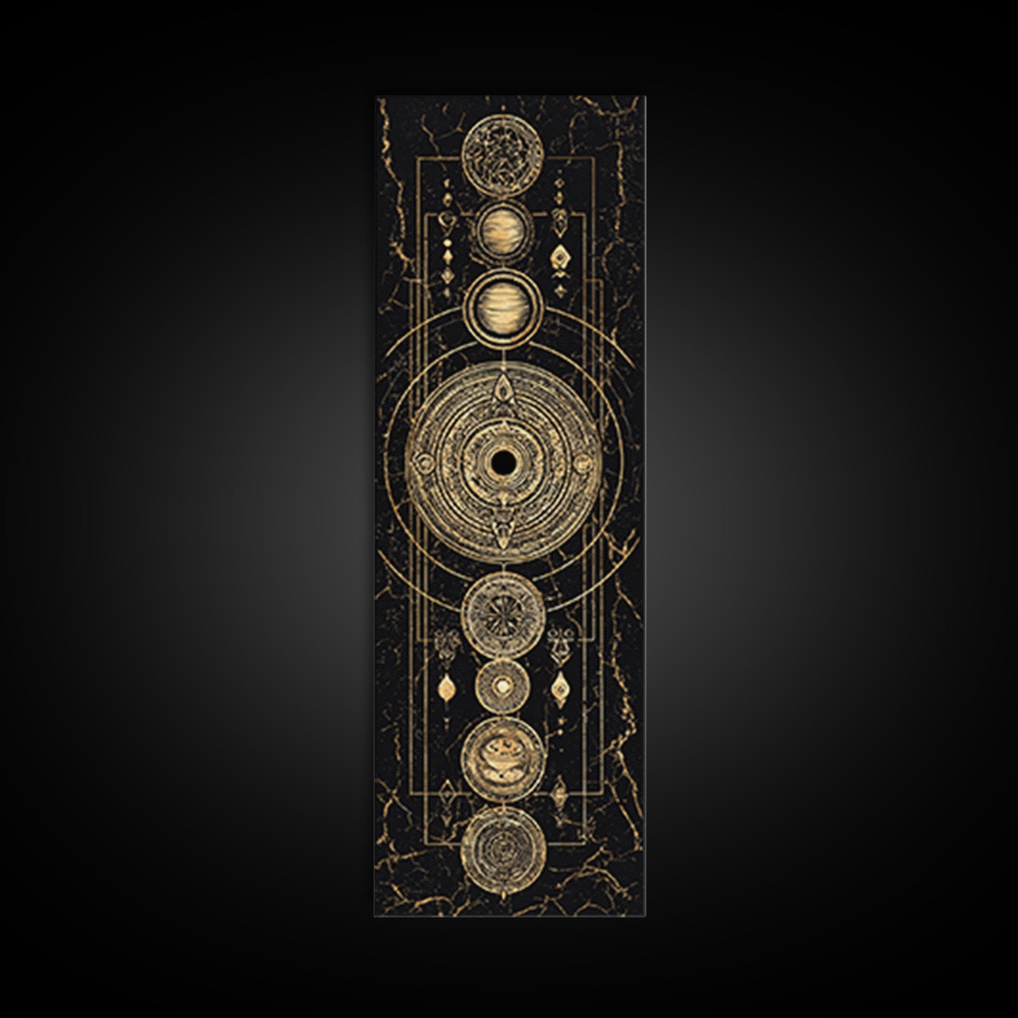 Gold Alchemy Planets And Sacred Circles Framed Canvas Print, Black And Gold Art, Mystical Wall Art, Luxury Canvas Art, Home Decor