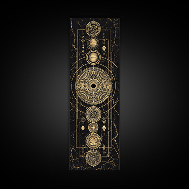 Gold Alchemy Planets And Sacred Circles Framed Canvas Print, Black And Gold Art, Mystical Wall Art, Luxury Canvas Art, Home Decor