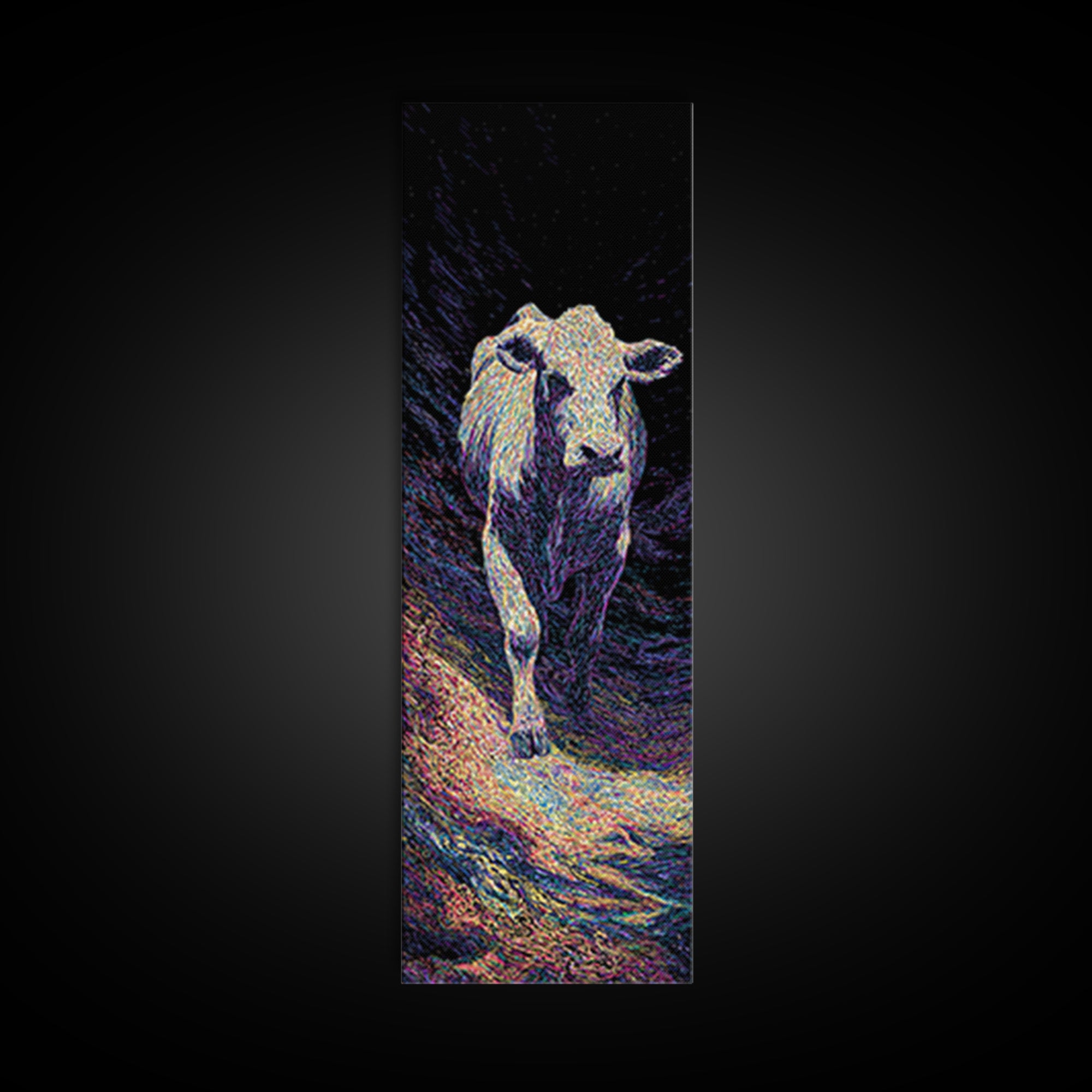 Single White Cow Portrait Wall Art, Dark Pasture Animal Painting, Rustic Decor, Nature Art, Unique Canvas Print, Home Decor