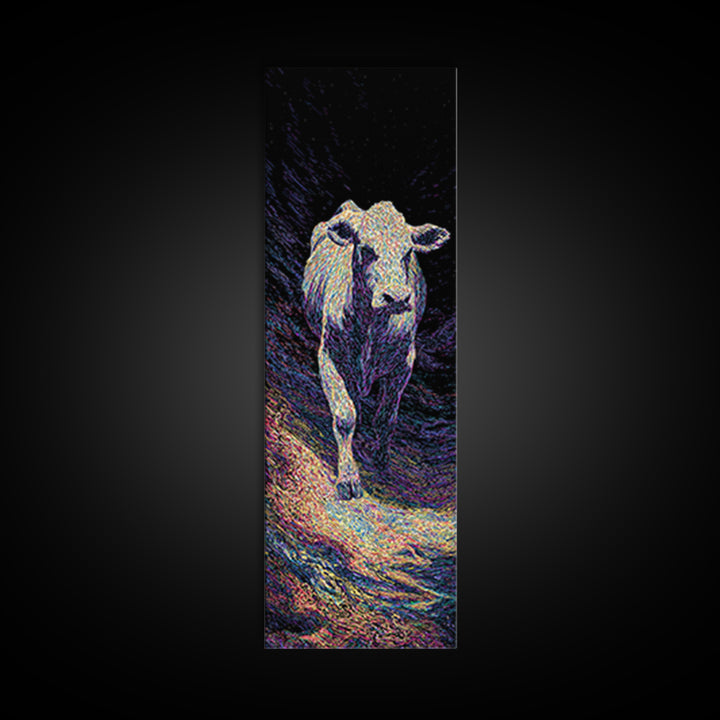 Single White Cow Portrait Wall Art, Dark Pasture Animal Painting, Rustic Decor, Nature Art, Unique Canvas Print, Home Decor