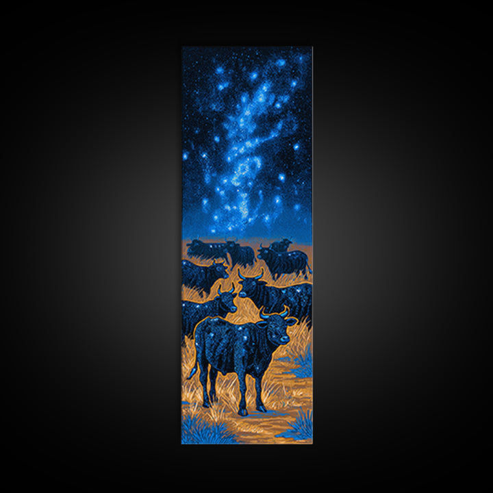 Longhorn Cattle Herd Beneath Blue Milky Way Framed Canvas Print, Western Animal Wall Art, Nature Scene Art, Bedroom Decor