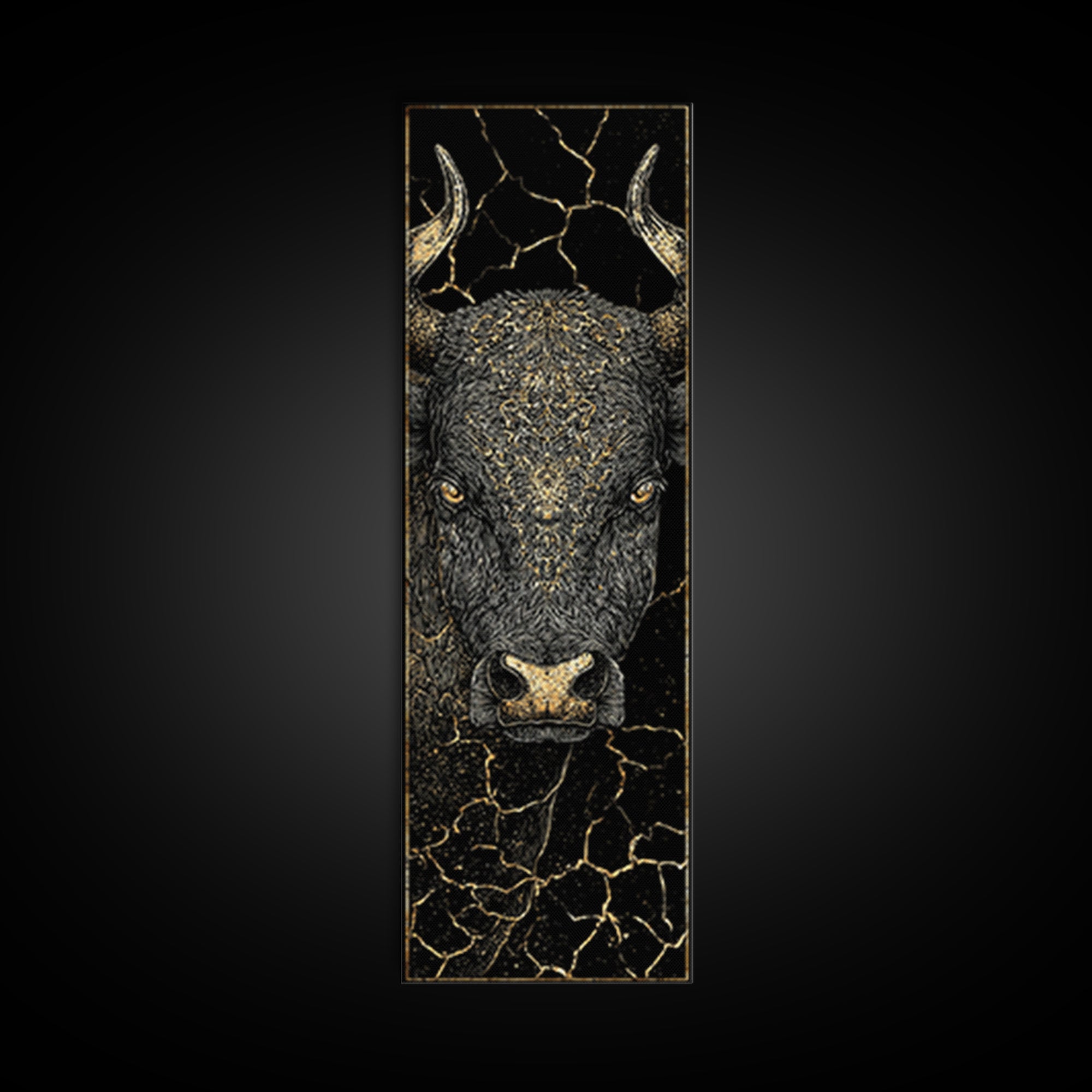 Black Bull Face With Gold Cracked Texture Canvas Print, Powerful Animal Wall Art, Black And Gold Art, Bold Home Decor, Statement Piece