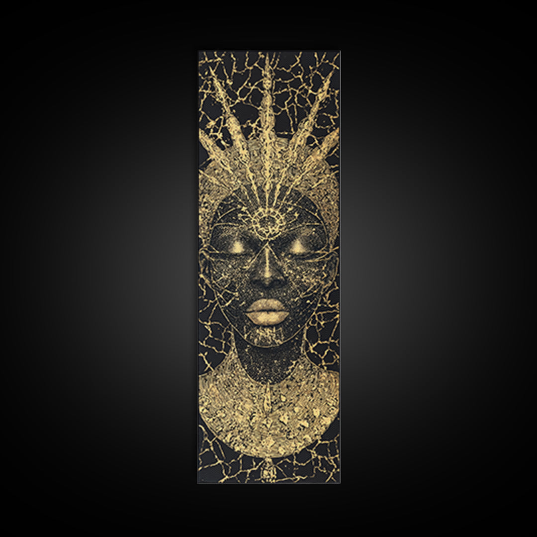 Black Gold African Goddess Face Framed Canvas Print, Regal Afrocentric Wall Decor, Spiritual Portrait Art, Luxury Home Decor