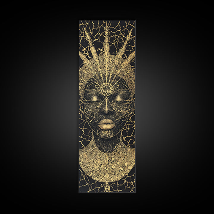 Black Gold African Goddess Face Framed Canvas Print, Regal Afrocentric Wall Decor, Spiritual Portrait Art, Luxury Home Decor