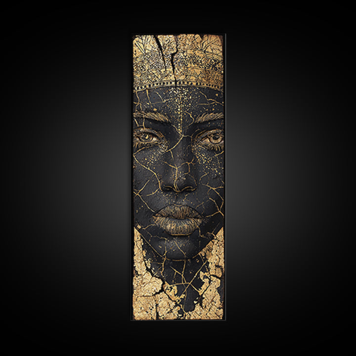 Cracked Gold African Woman Face Canvas Print, Black Queen Portrait Wall Decor, Elegant Afrocentric Art, Modern Cultural Gift