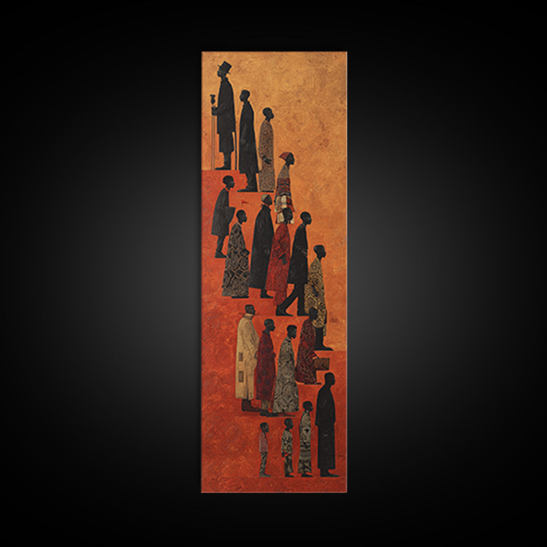 Silhouetted African Family Procession Wall Art, Tall Afrocentric Canvas Print, Tribal Culture Home Decor, Earth Tone Poster