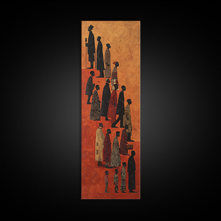 Silhouetted African Family Procession Wall Art, Tall Afrocentric Canvas Print, Tribal Culture Home Decor, Earth Tone Poster