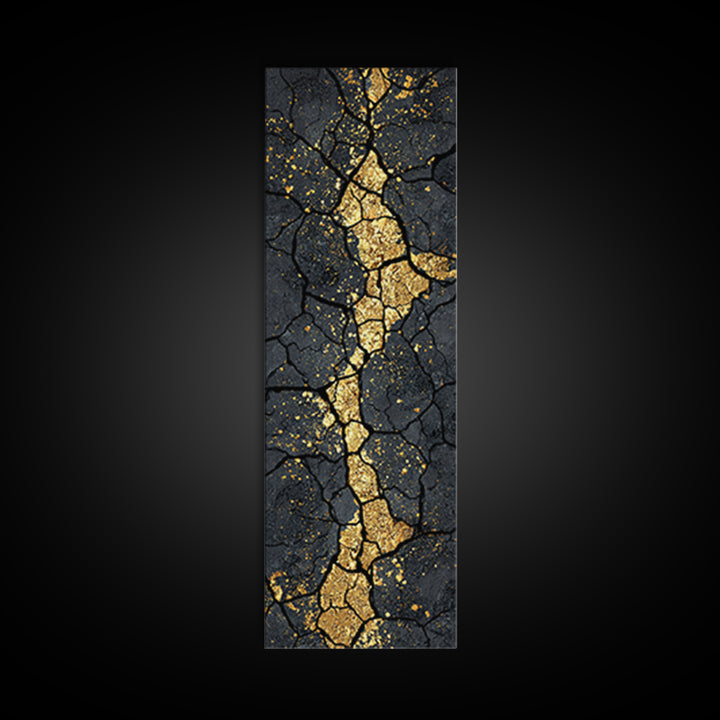 Gold Kintsugi Cracked Stone Abstract African Wall Art, Black And Gold Canvas Decor, Modern Tribal Texture, Luxury Home Decor