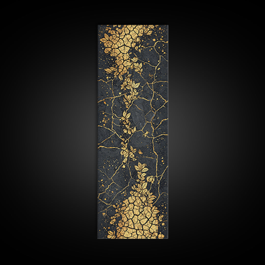 Gold Botanical Kintsugi Cracked Stone Wall Art, Black And Gold Floral Abstract, Luxury African Inspired Canvas Home Decor