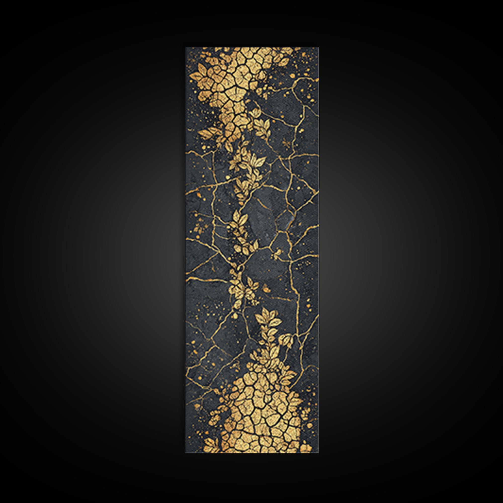 Gold Botanical Kintsugi Cracked Stone Wall Art, Black And Gold Floral Abstract, Luxury African Inspired Canvas Home Decor