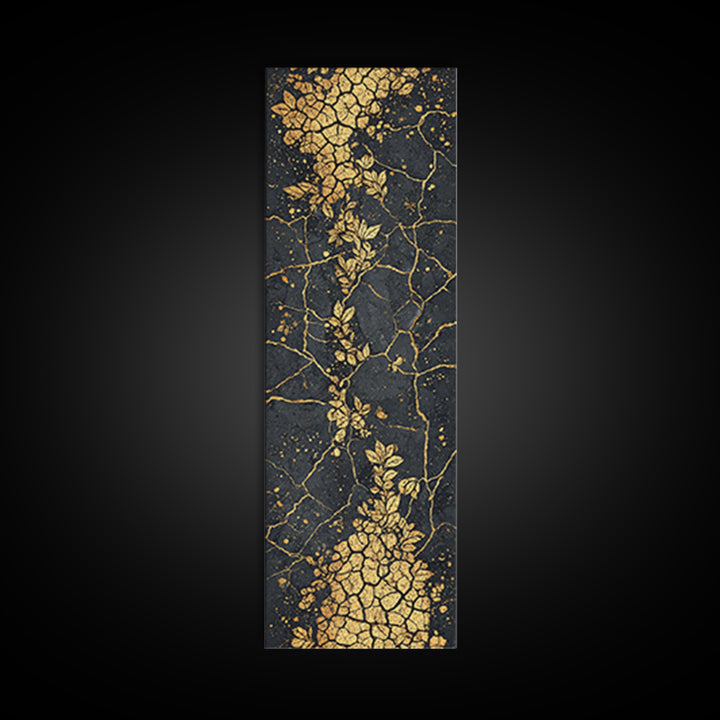 Gold Botanical Kintsugi Cracked Stone Wall Art, Black And Gold Floral Abstract, Luxury African Inspired Canvas Home Decor