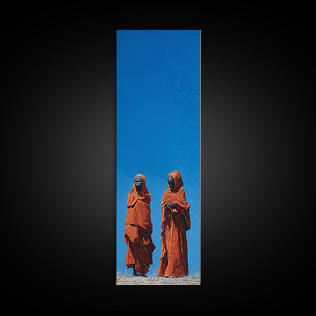 Two African Women In Orange Robes Wall Art, Minimalist Desert Portrait, Blue Sky Cultural Decor, Afrocentric Canvas Print