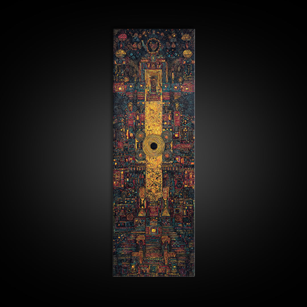 Golden Tribal Temple Abstraction Framed Canvas Print, African Inspired Wall Decor, Afrocentric Art, Bold Cultural Home Decor