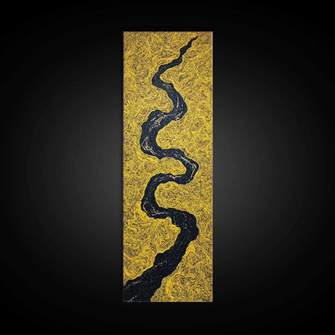 Black Winding River On Gold Texture Wall Art, Minimalist Abstract Landscape, Earth Tone Decor, Modern Canvas Gift For Living Room