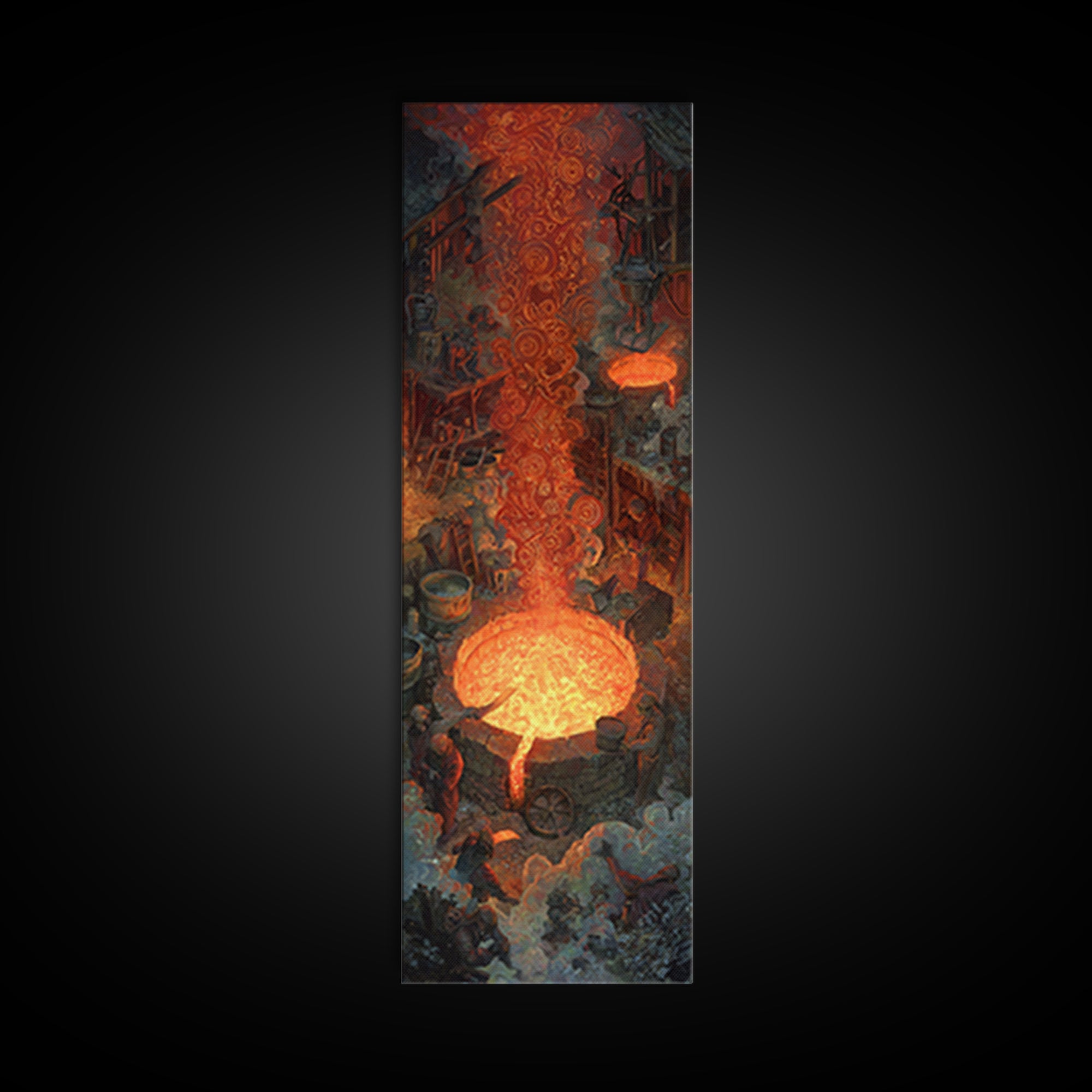 Molten Forge Workshop With Glowing Symbols Framed Canvas Print, Industrial Fantasy Wall Art, Orange Painting Home Decor Gift